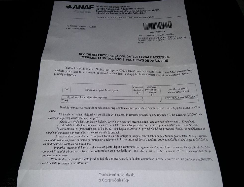 Exces de zel al angajaţilor de la ANAF. Citaţie trimisă pentru fabuloasa sumă de …1 leu