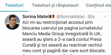 Sorina Matei este blocată total pe Facebook din cauza anchetelor pe care le publică