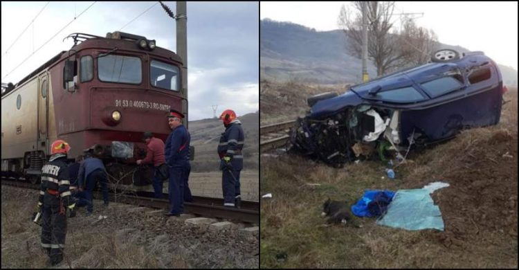 Maşină spulberată de tren. Imagini dramatice de la locul accidentului