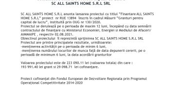 Comunicat Demarare Proiect Capital de Lucru SC ALL SAINTS HOME S.R.L SRL