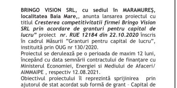 Grant capital de lucru acordat BRINGO VISION SRL